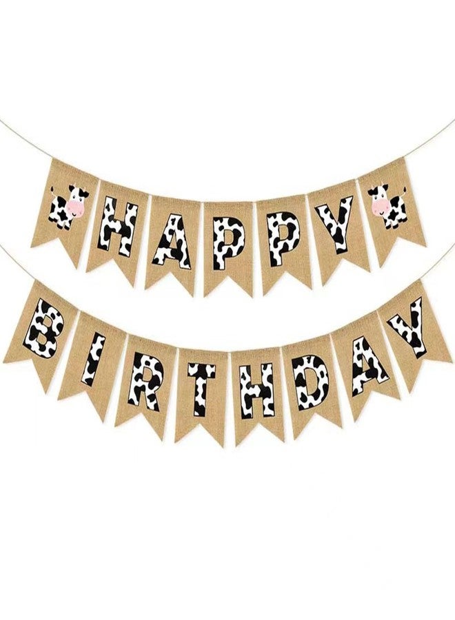CROWNOS Cow Print Happy Birthday Banner, Burlap Pre-strung Cow Birthday Party Decorations Supplies - Image 1